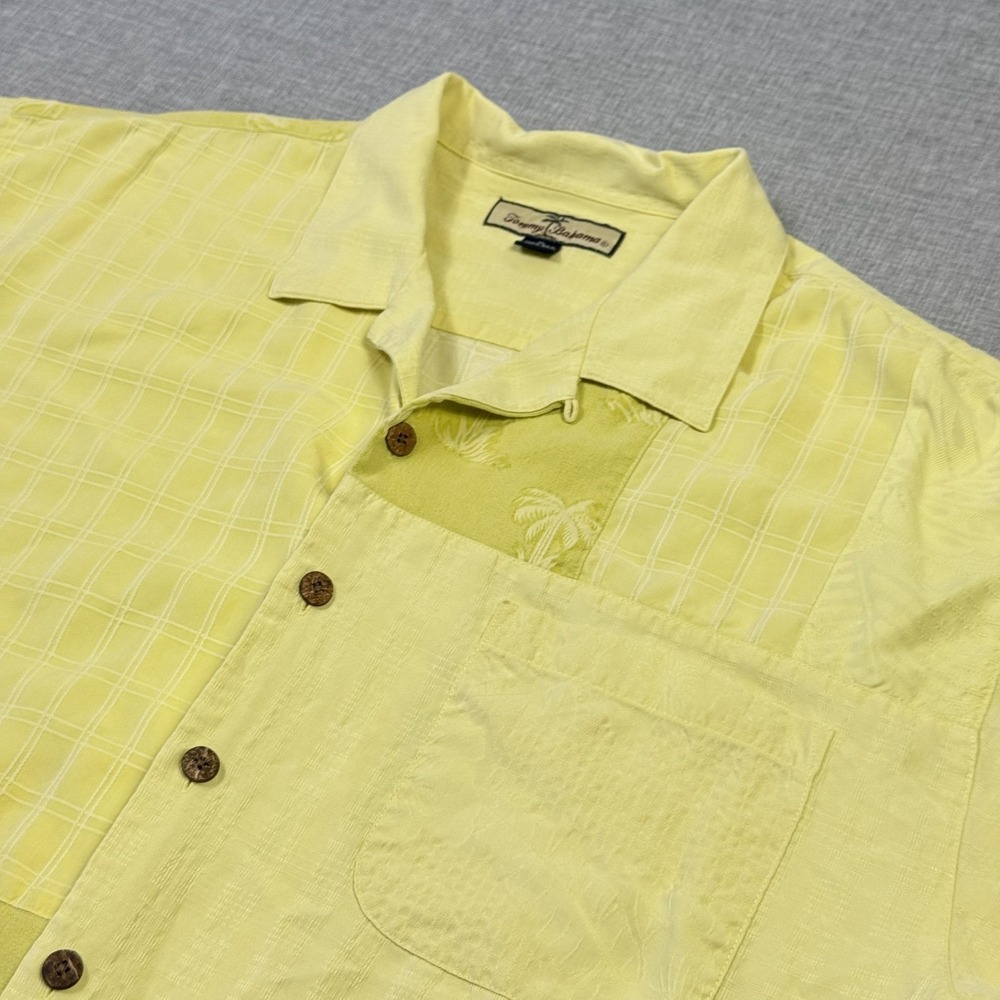 Tommy Bahama Shirt Mens XL Yellow Colorblock Silk Short Sleeve Button Up